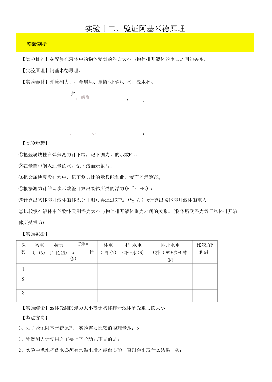 实验12 验证阿基米德原理实验（原卷版）.docx_第1页