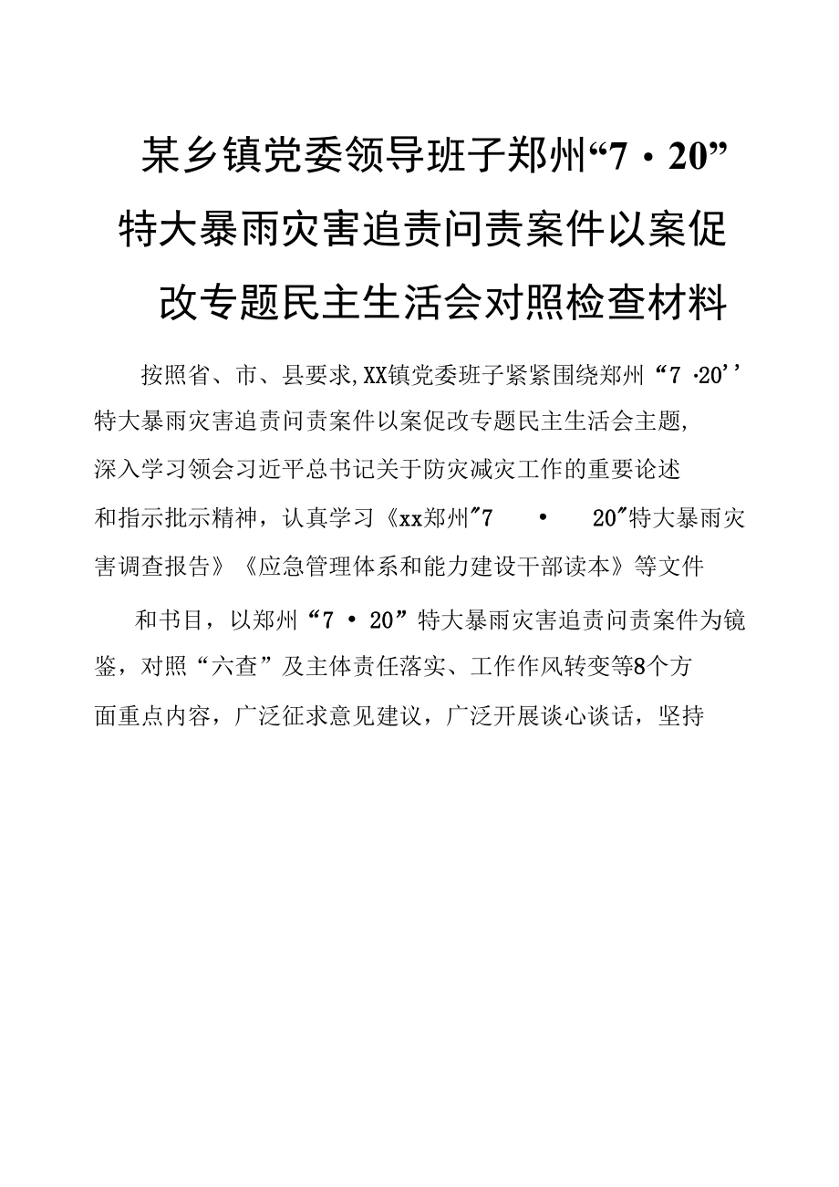 某乡镇党委领导班子郑州“7·20”特大暴雨灾害追责问责案件以案促改专题民主生活会对照检查材料.docx_第1页