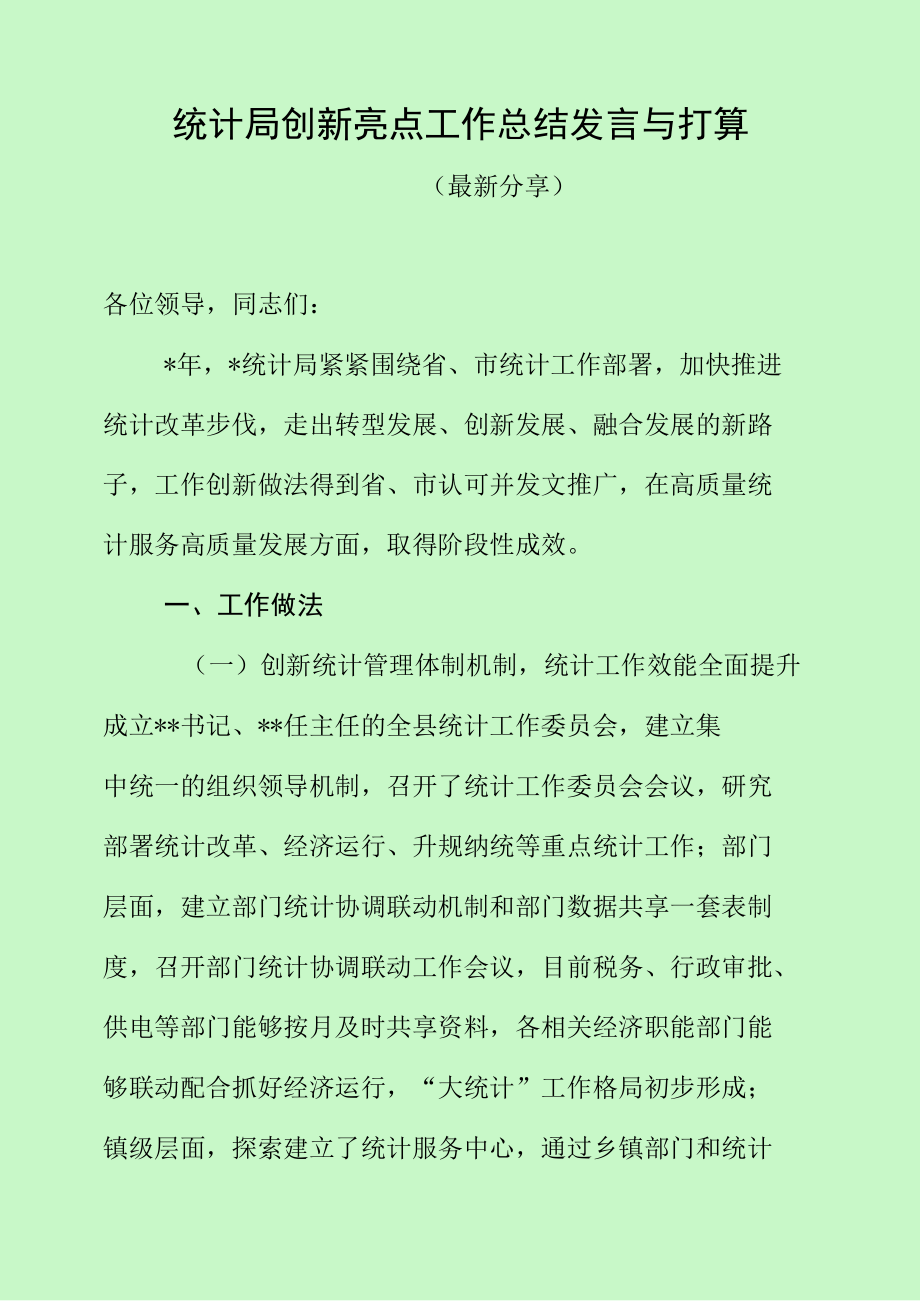 统计局创新亮点工作总结发言与计划（最新分享）.docx_第1页