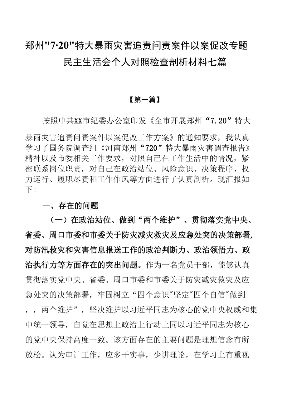 郑州“7.20”特大暴雨灾害追责问责案件以案促改专题民主生活会个人对照检查剖析材料七篇.docx_第1页