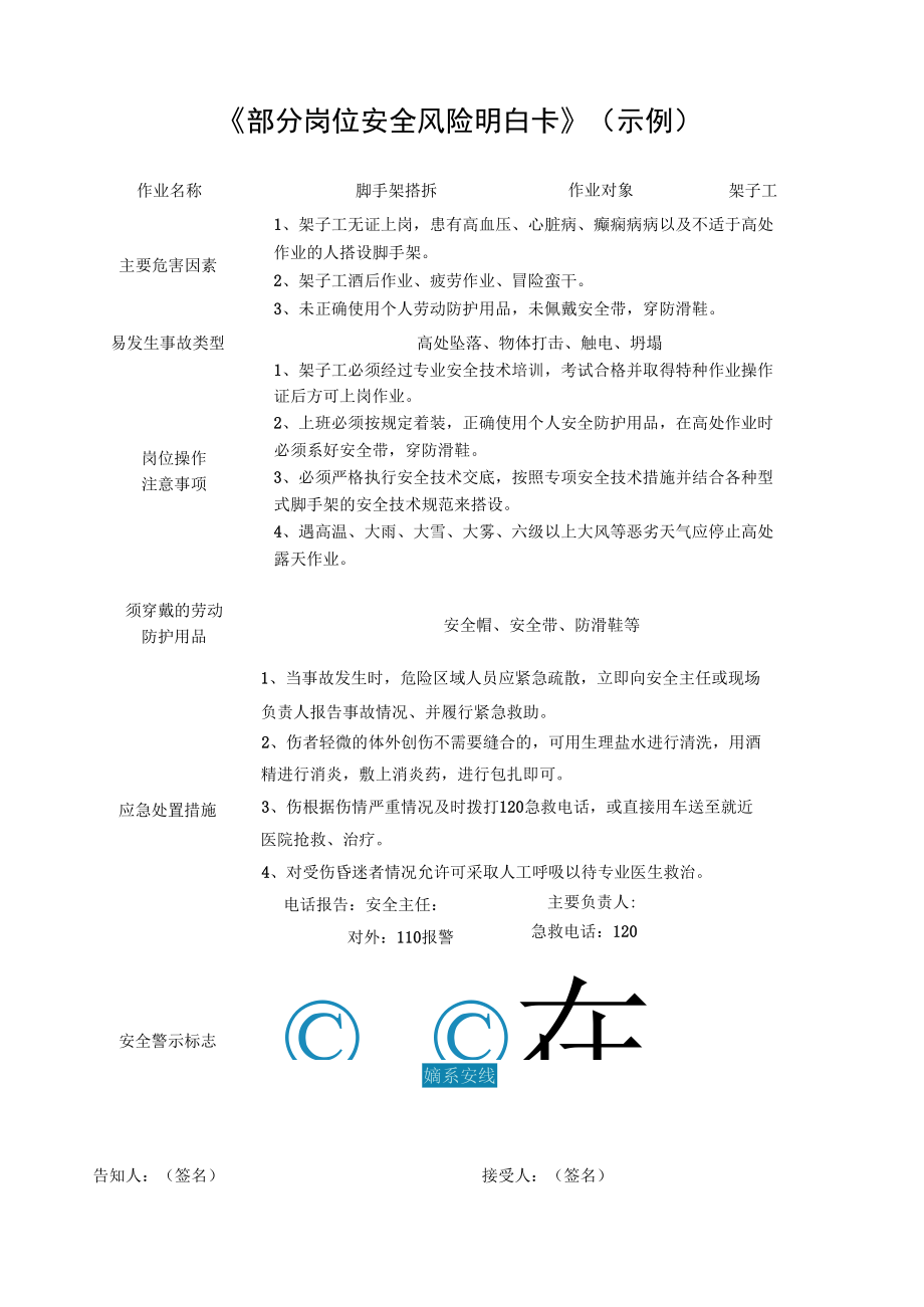 《部分岗位安全风险明白卡》（示例）.docx_第1页