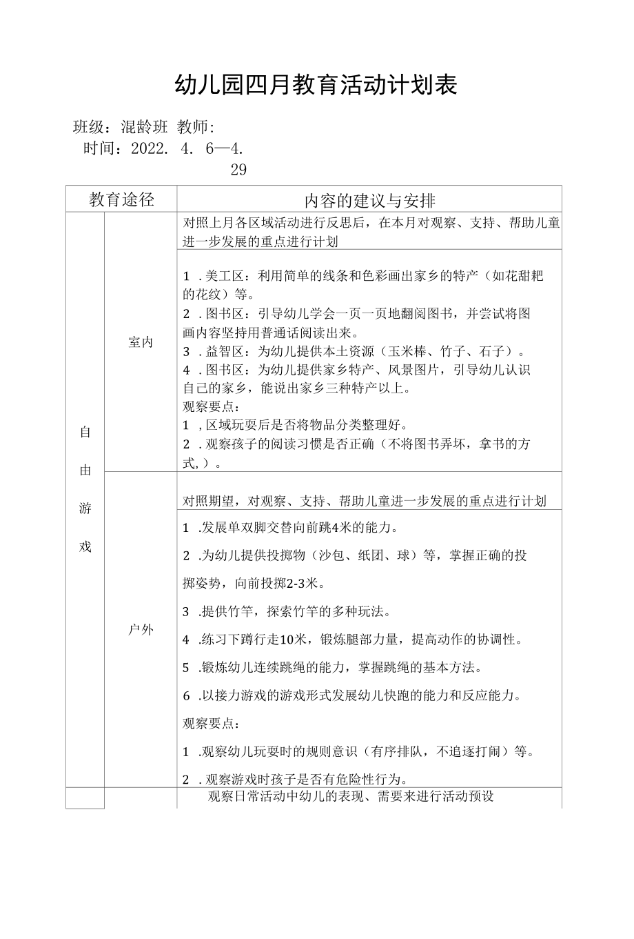 2022年春季混龄班月工作计划.docx_第1页