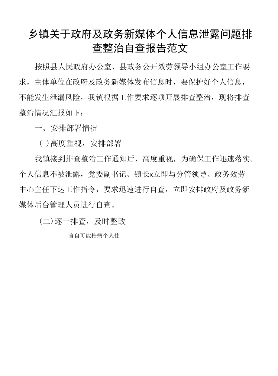 乡镇关于网站及政务新媒体个人信息泄露问题排查整治自查报告工作汇报总结.docx_第1页