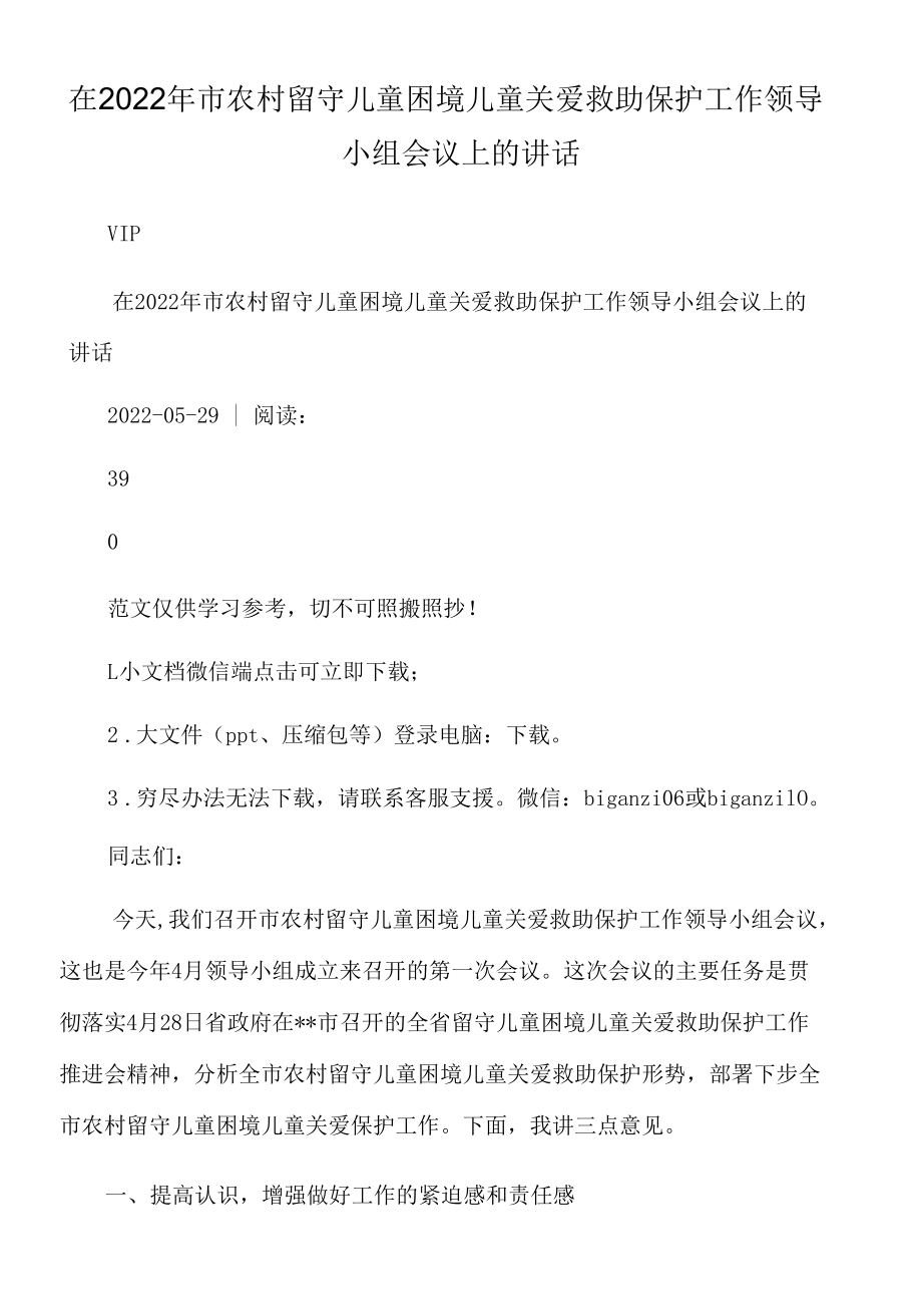 在2022年市农村留守儿童困境儿童关爱救助保护工作领导小组会议上的讲话.docx_第1页