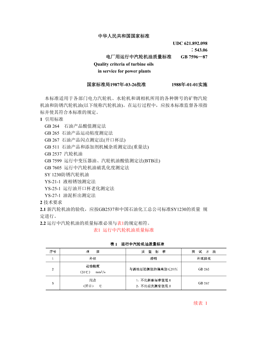 GB7596-87 电厂用运行中汽轮机油质量标准.doc_第1页