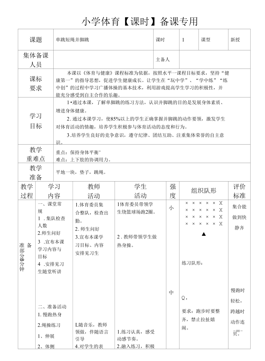 小学 二年级 下册 单跳短绳并脚 双脚依次跳 跳长绳：原地两脚依次跳长绳 跳长绳：原地并脚跳长绳 短绳单摇前跳(1)单双脚跳与游戏 备课 教学.docx_第1页