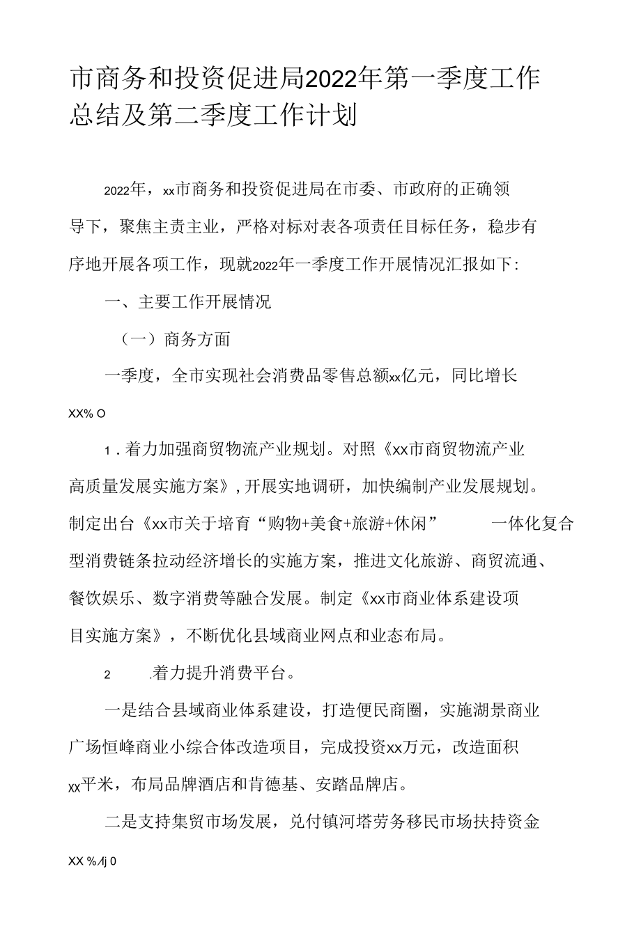 市商务和投资促进局2022年第一季度工作总结及第二季度工作计划.docx_第1页