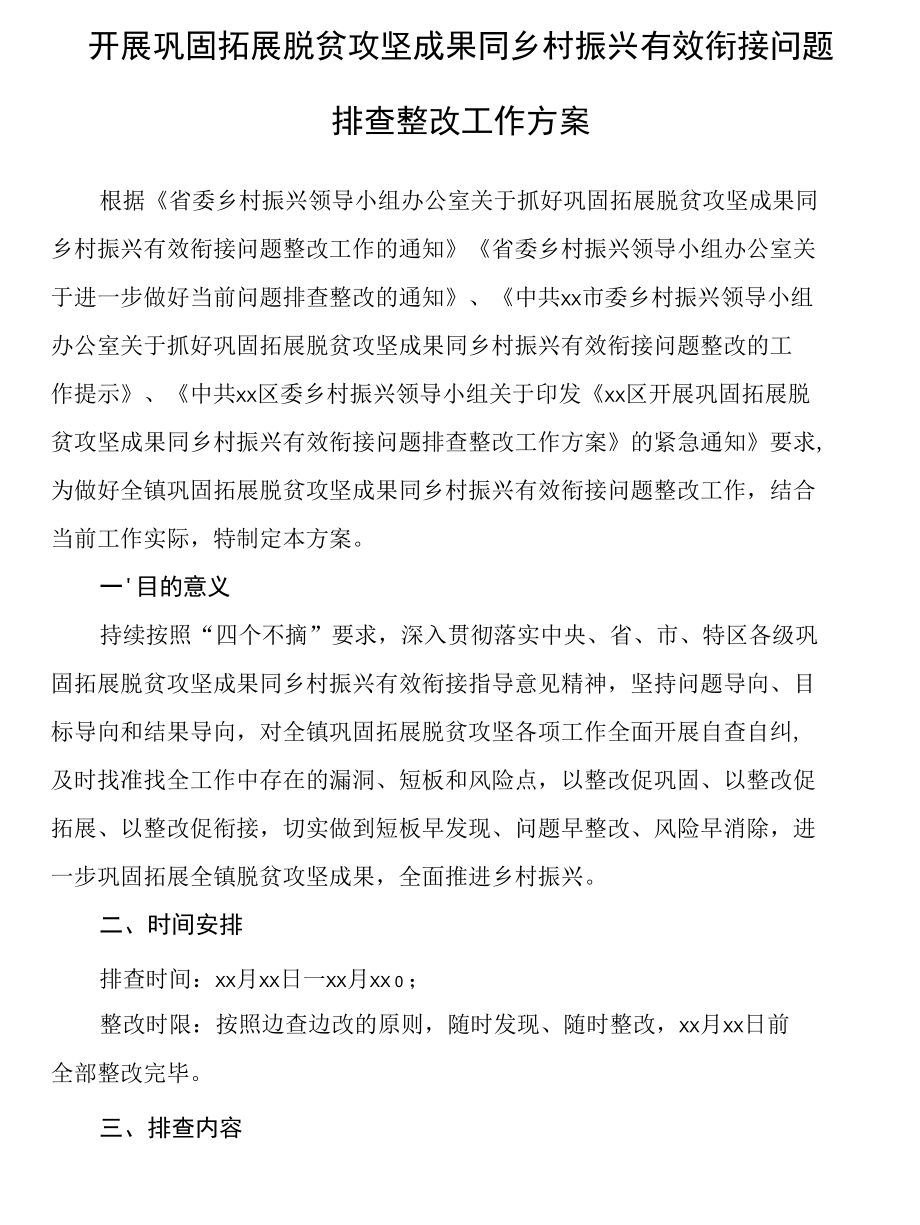 开展巩固拓展脱贫攻坚成果同乡村振兴有效衔接问题排查整改工作方案.docx_第1页