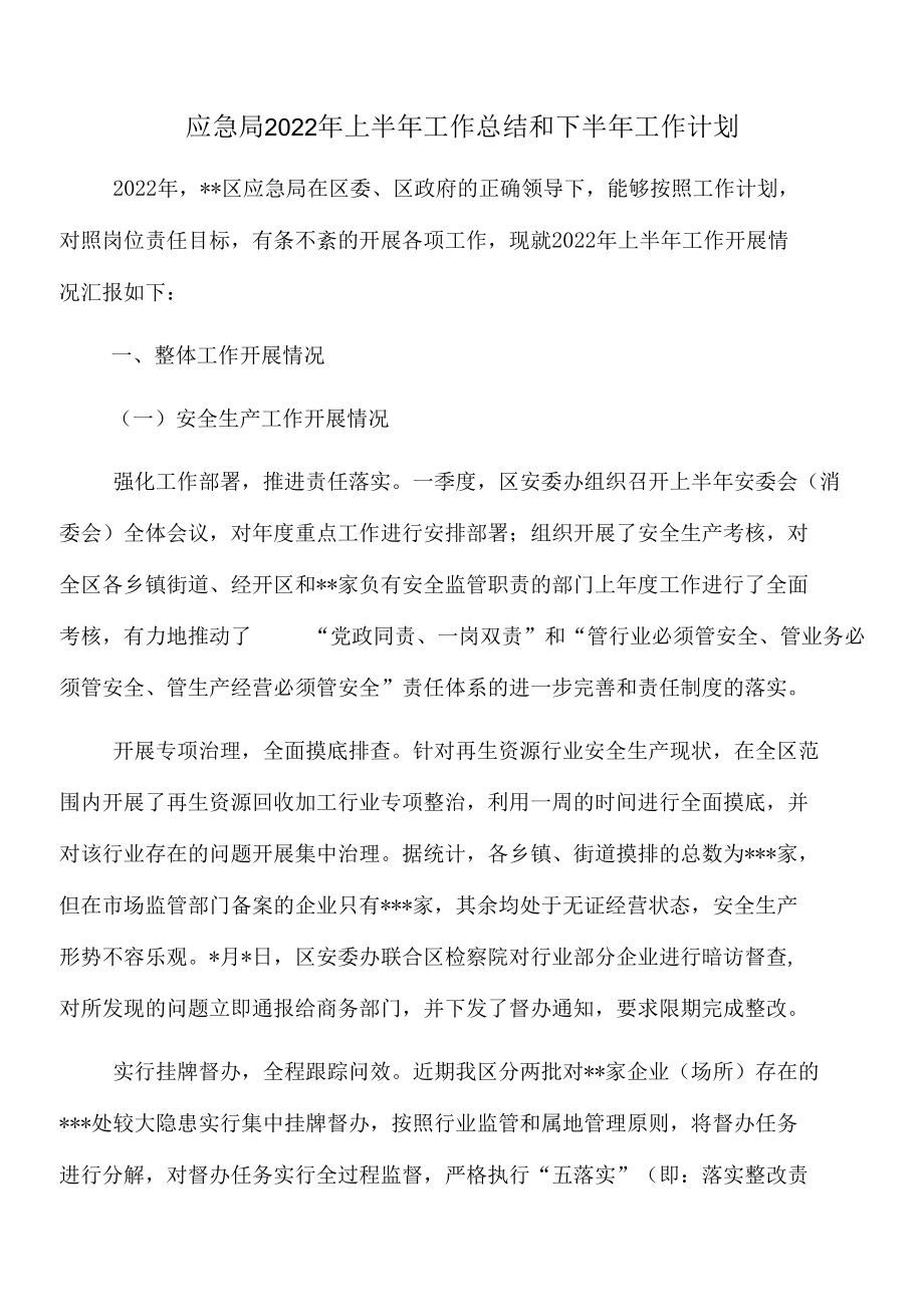 应急局2022年上半年工作总结和下半年工作计划.docx_第1页