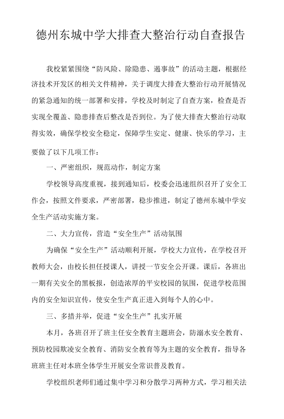 德州东城中学大排查大整治行动自查报告.docx_第1页