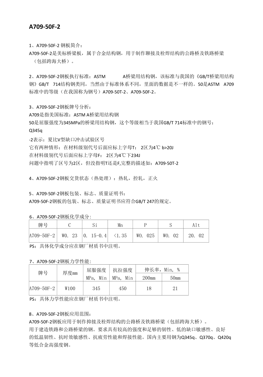 A709-50F-2桥梁板材质分析及应用范围.docx_第1页