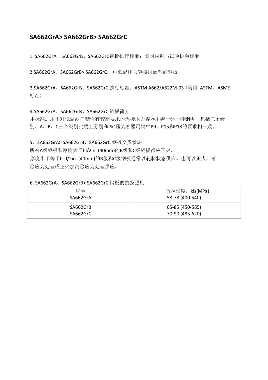 SA662GrA钢板材质分析SA662GrB钢板交货状态SA662GrC钢板执行标准.docx_第1页