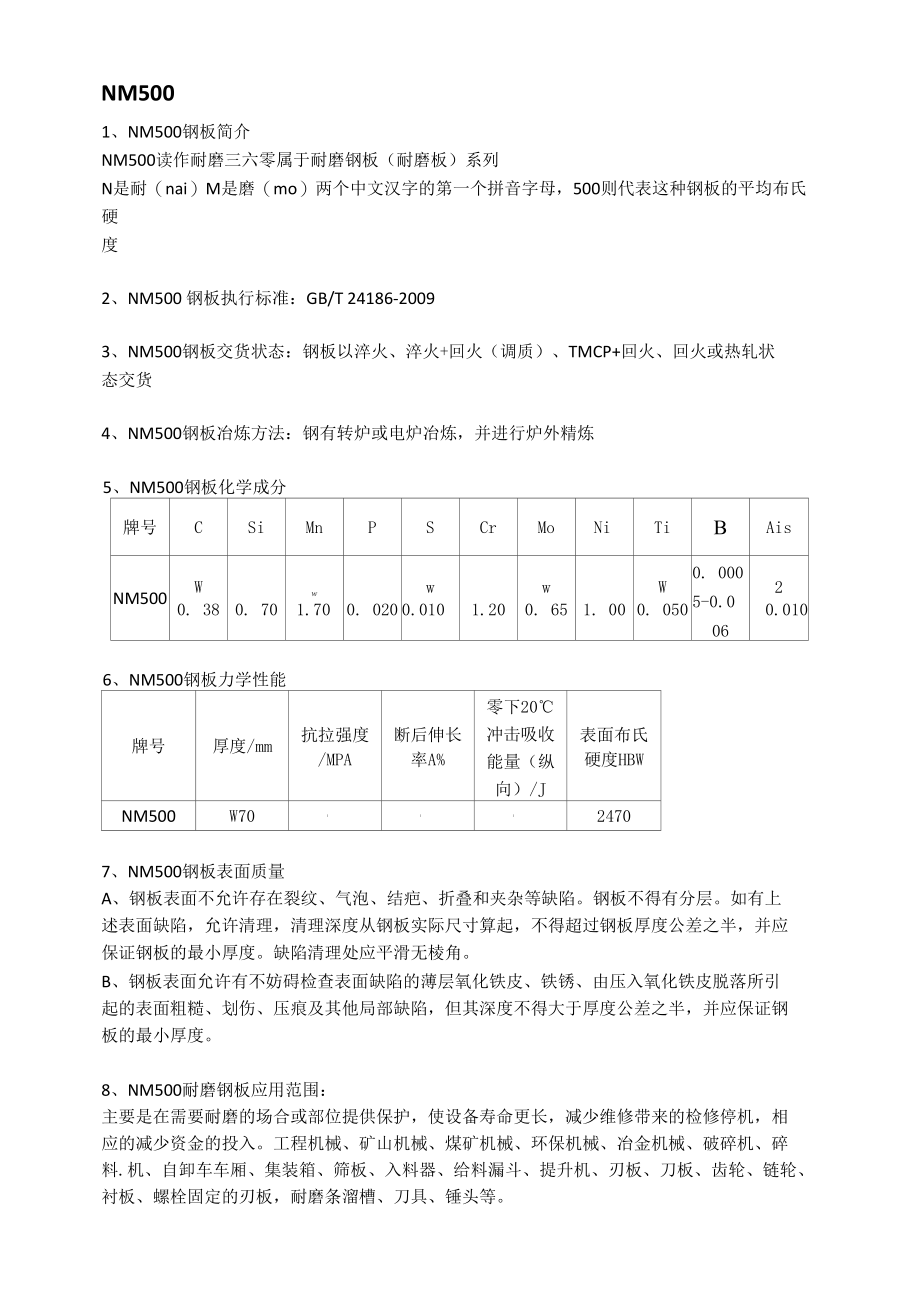 NM500耐磨板冶炼方法及钢板应用范围.docx_第1页