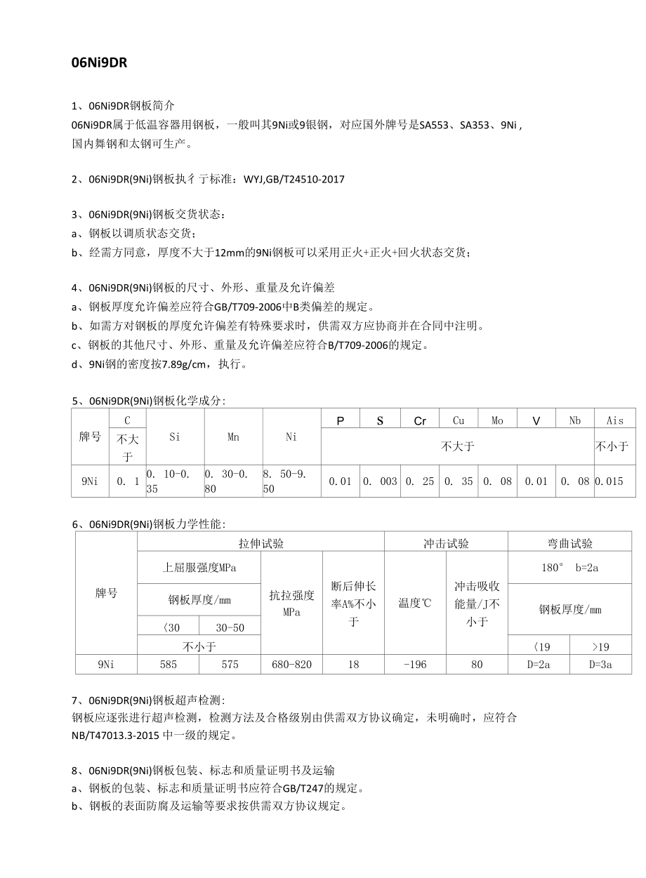 06Ni9DR低温容器板应用范围及执行标准.docx_第1页