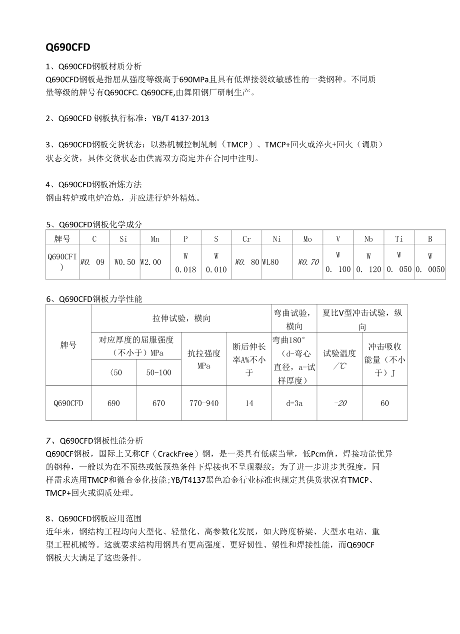 舞钢Q690CFD钢板熔炼分析Q690CFD钢板交货状态及期货定轧.docx_第1页