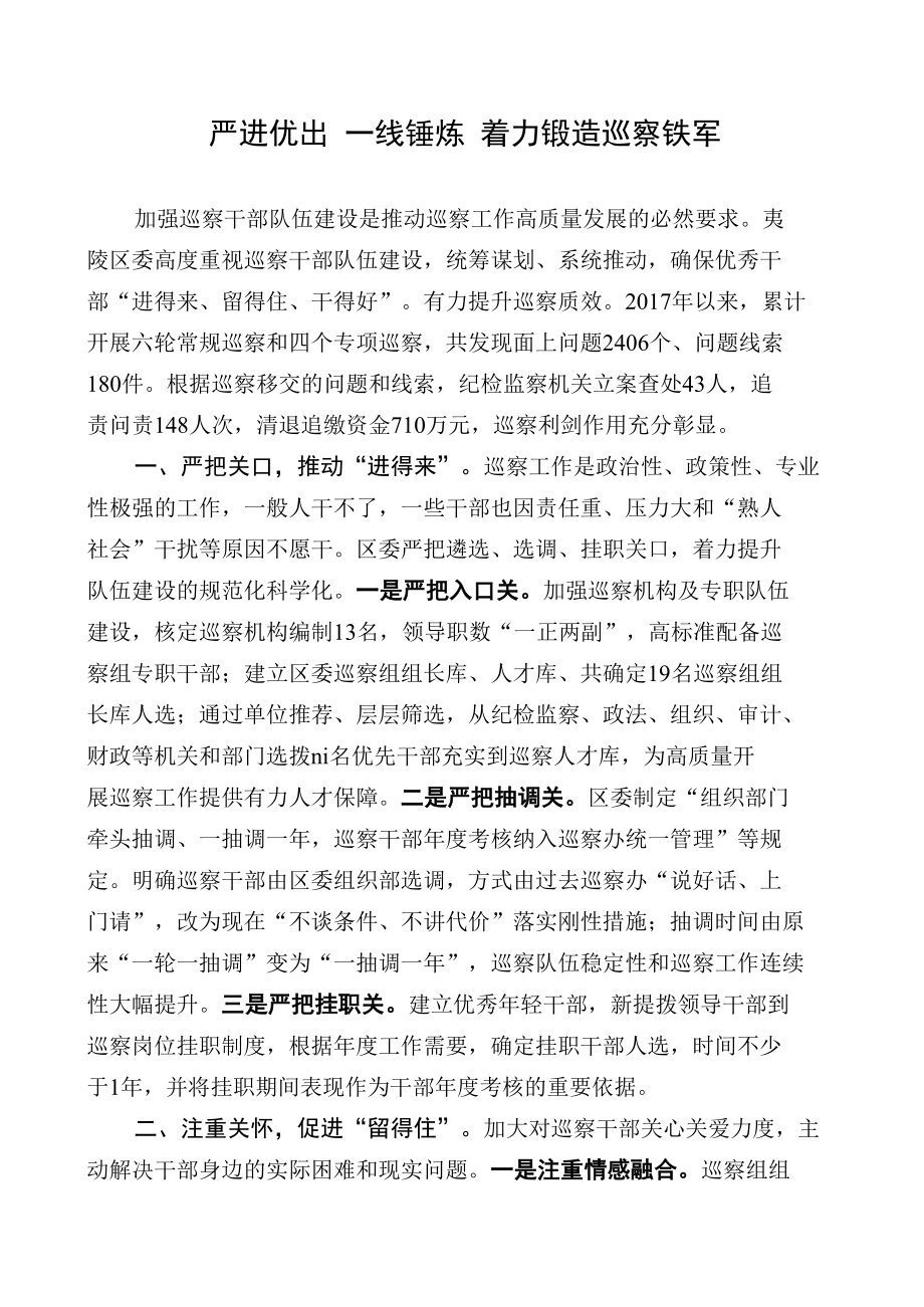 【经验交流材料】严进优出一线锤炼着力锻造巡察铁军.docx_第1页