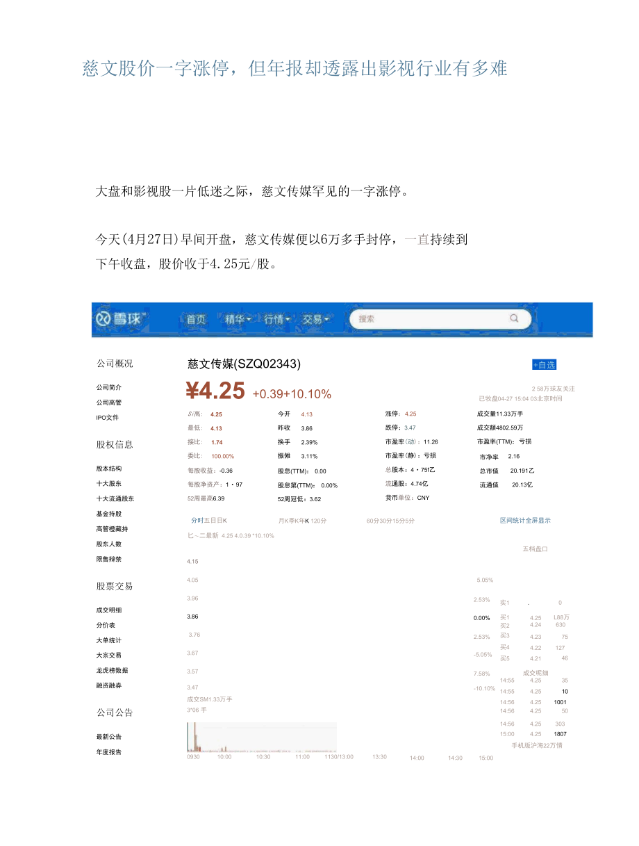 慈文股价一字涨停但年报却透露出影视行业有多难.docx_第1页