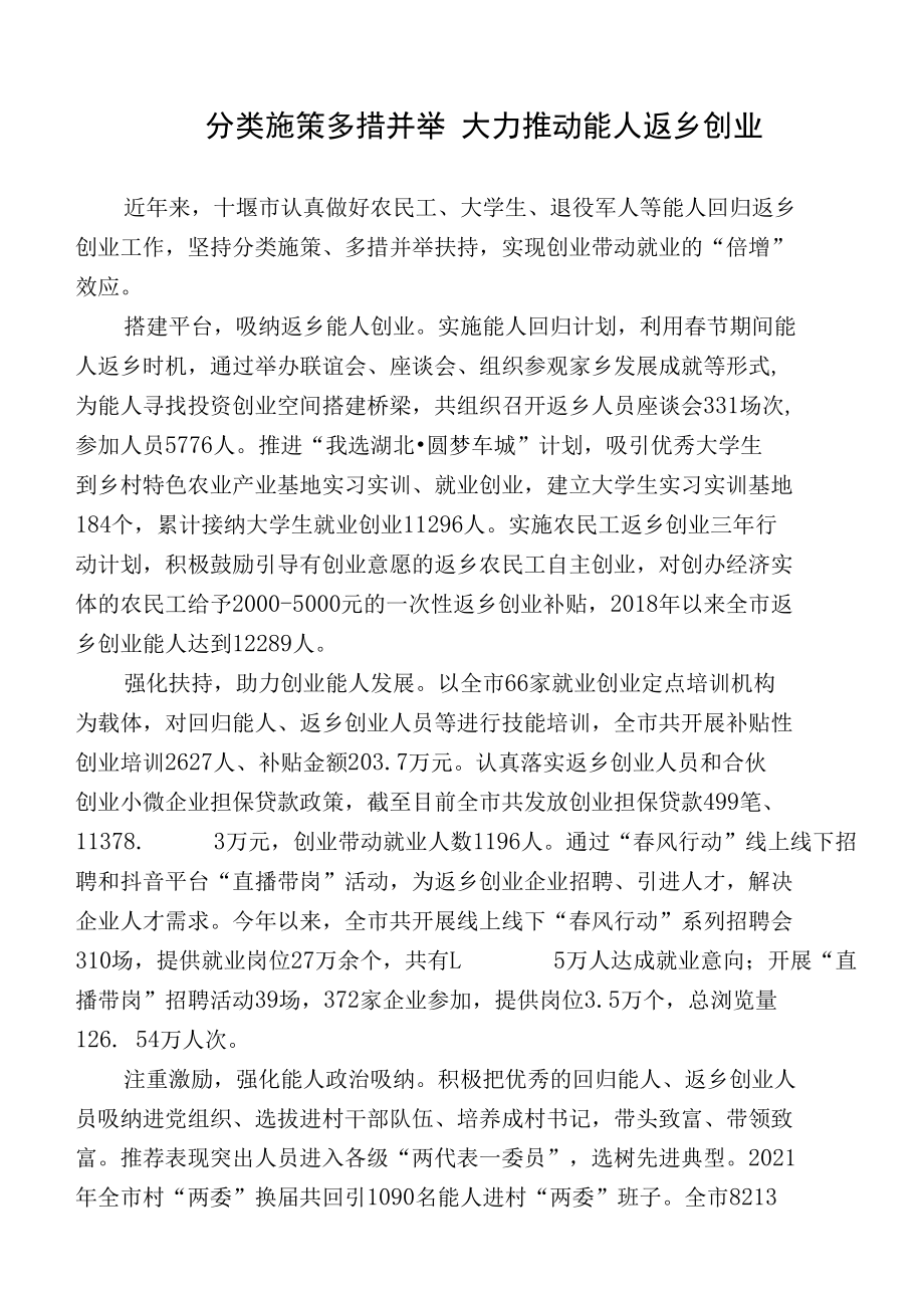 经验材料：分类施策多措并举 大力推动能人返乡创业.docx_第1页