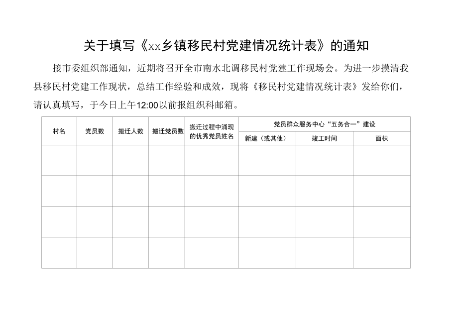 关于填写《××乡镇移民村党建情况统计表》的通知.docx_第1页