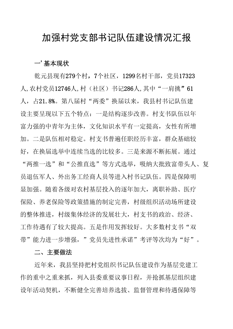 加强村党支部书记队伍建设情况汇报.docx_第1页