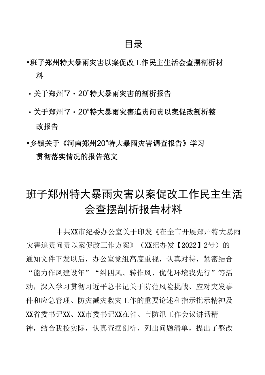 班子郑州特大暴雨灾害以案促改工作民主生活会查摆剖析报告材料4篇.docx_第1页