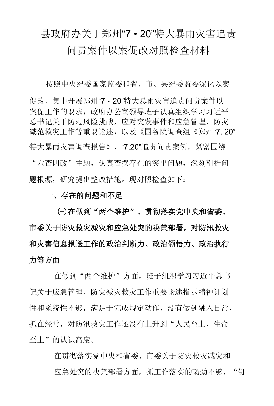 县政府办关于郑州“7·20”特大暴雨灾害追责问责案件以案促改对照检查材料.docx_第1页