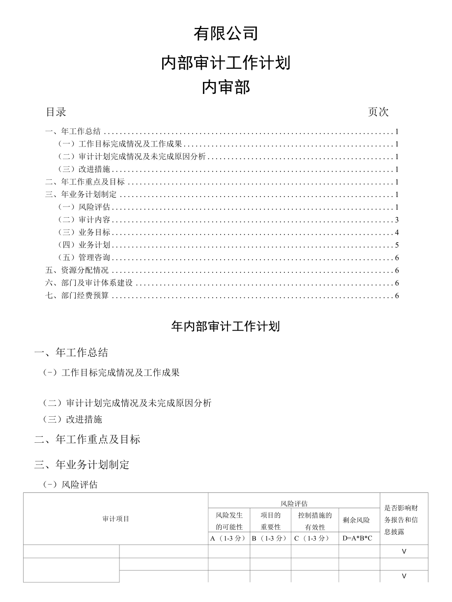 内部审计计划模版(有限公司).docx_第1页