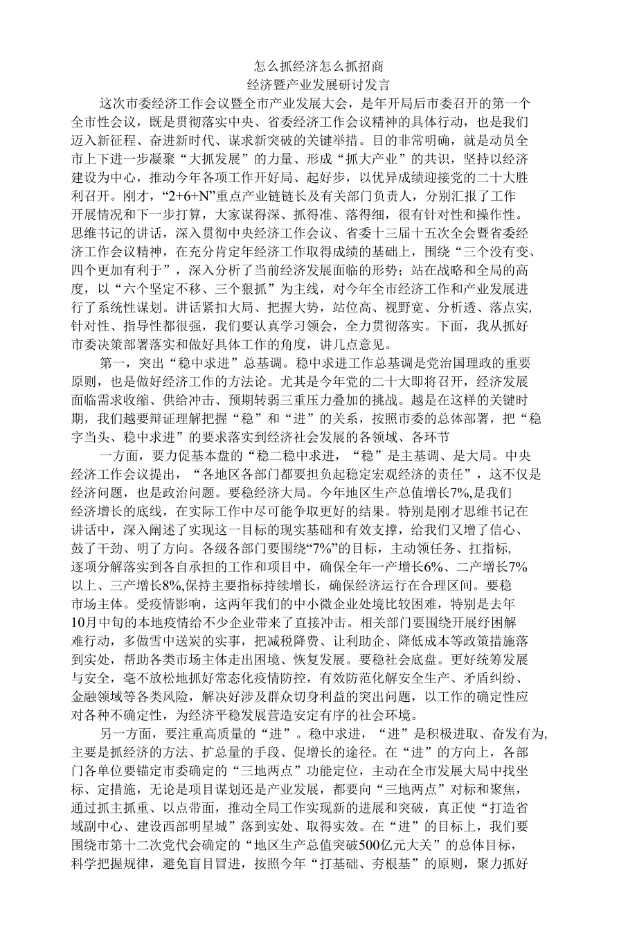 怎么抓经济 怎么抓招商 经济暨产业发展研讨发言.docx_第1页