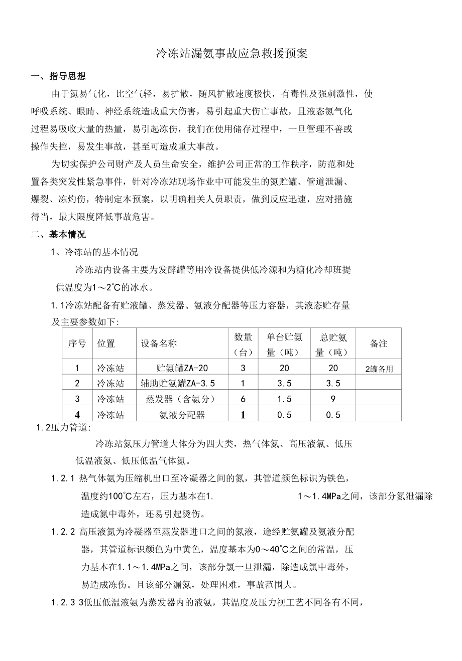 某啤酒企业冷冻站漏氨事故应急救援预案.docx_第1页