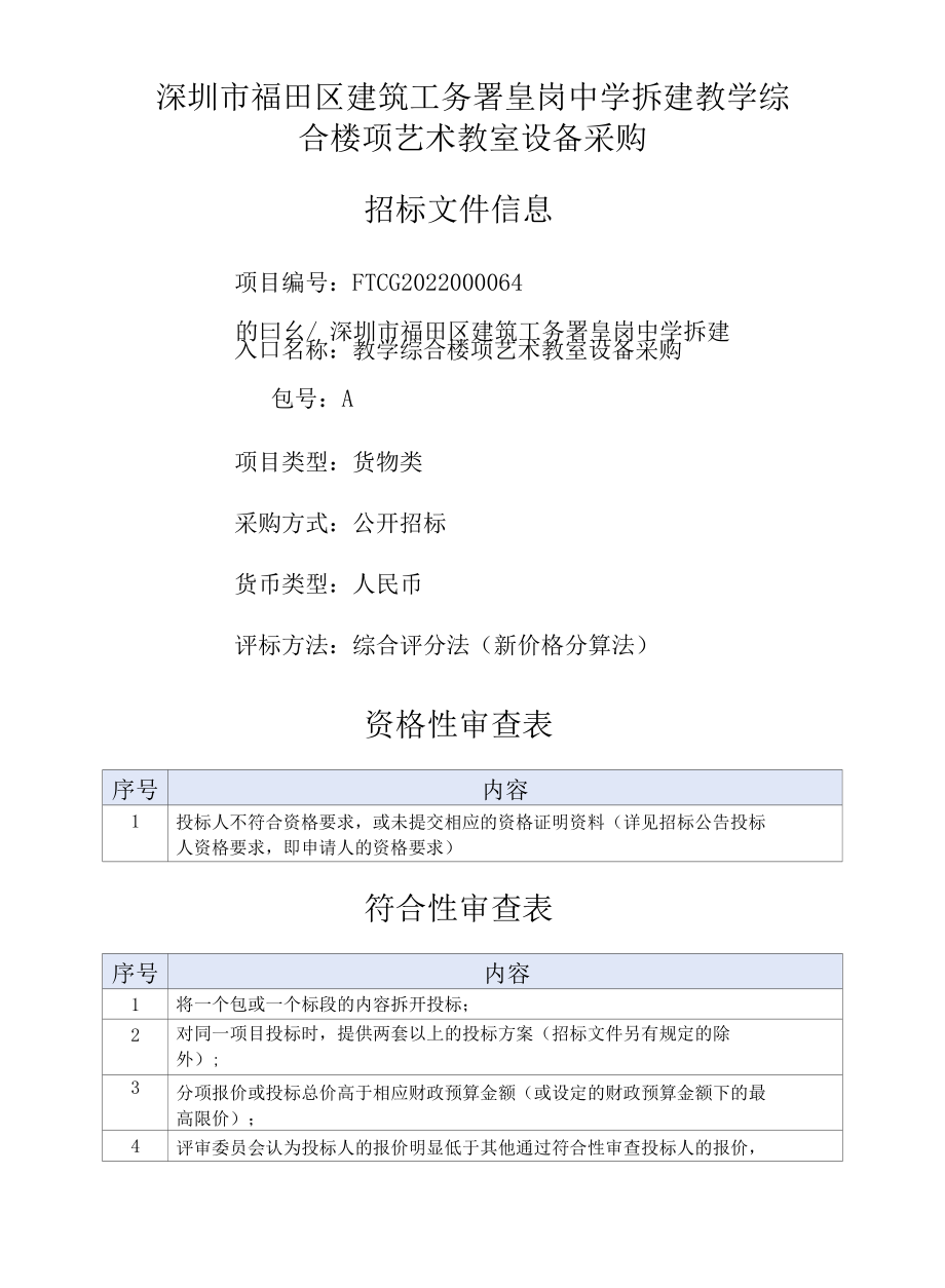 [FTCG2022000064-A]深圳市福田区建筑工务署皇岗中学拆建教学综合楼项艺术教室设备采购.docx_第1页