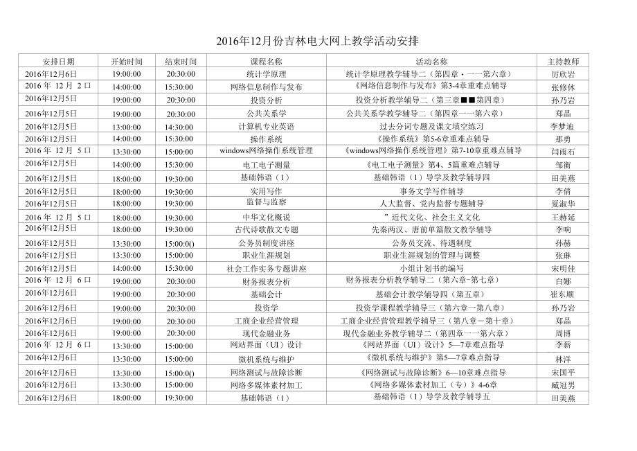 2016年12月份吉林电大网上教学活动安排.docx_第1页