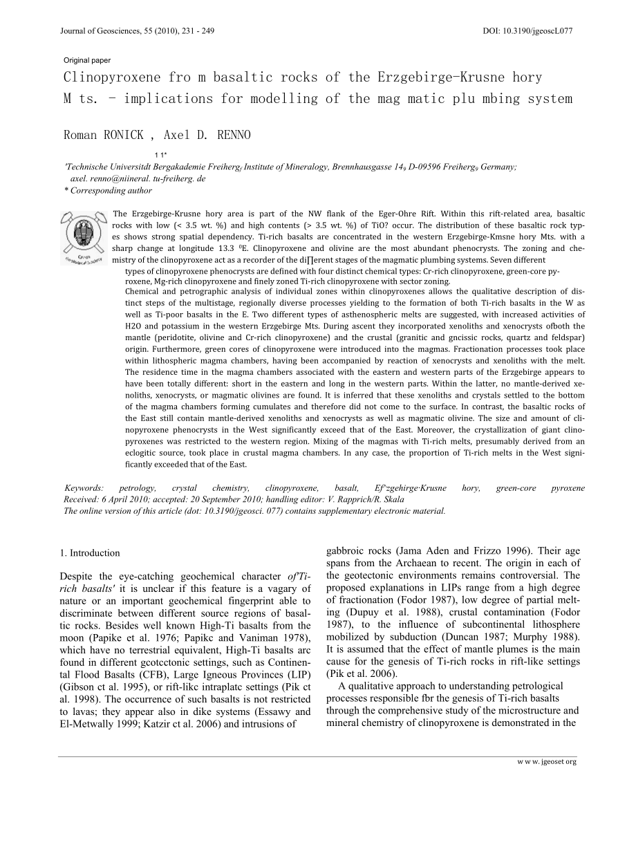 Clinopyroxene from basaltic rocks of the Erzgebirge - Kru né hory Mts. - implications for modelling the magmatic plumbing syste.docx_第1页