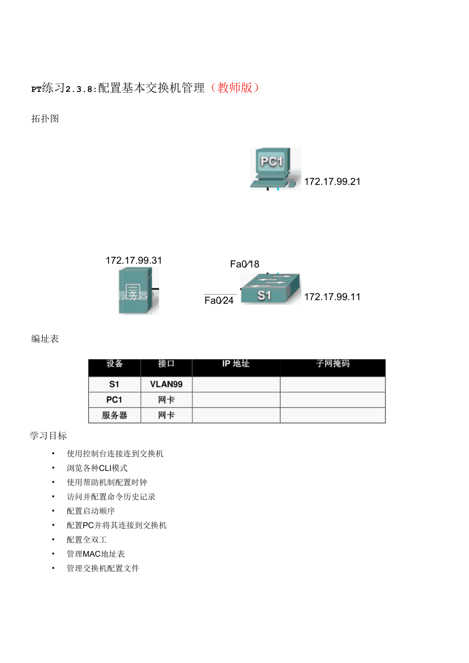 PT练习238配置基本交换机管理教师版.docx_第1页