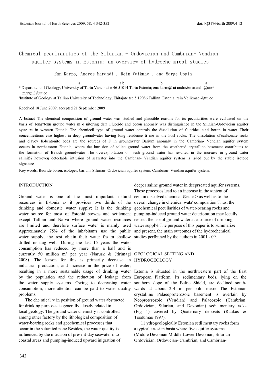 Chemical peculiarities of the Silurian–Ordovician and Cambrian–Vendian aquifer systems in Estonia an overview of hydrochemical.docx_第1页