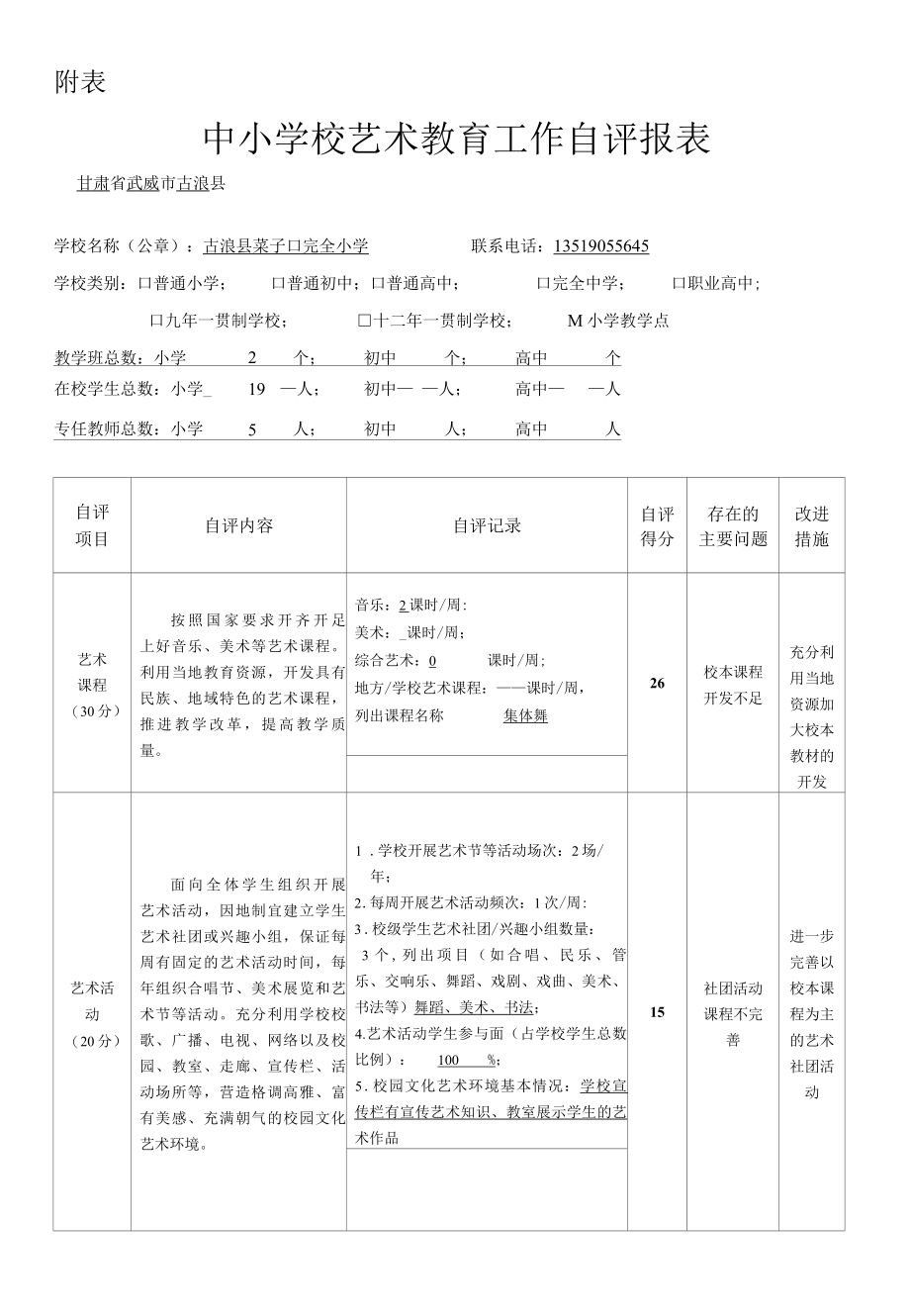 中小学校艺术教育工作自评报表菜子口小学.docx_第1页