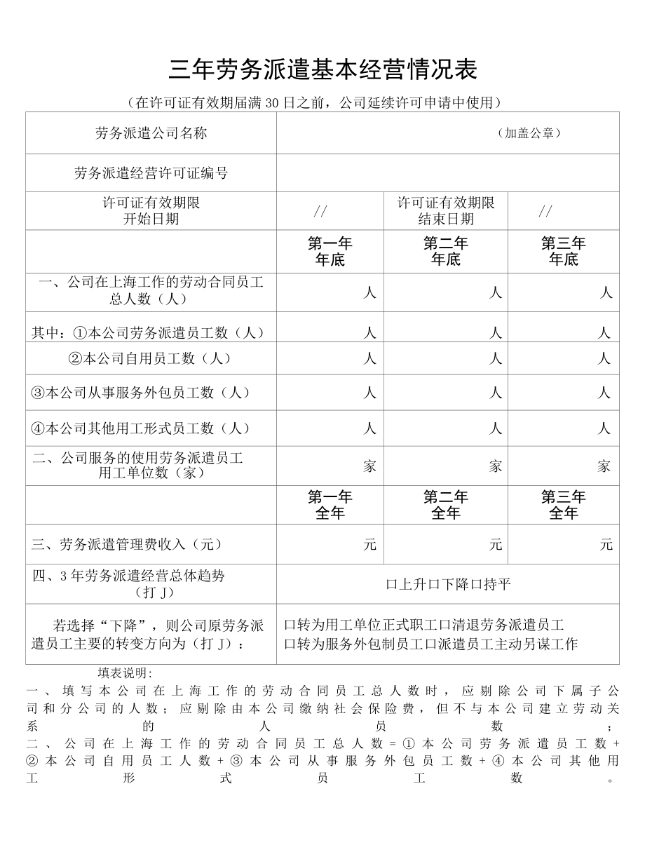 三年劳务派遣基本经营情况表在许可证有效期届满30日之前公司延续许可申请中使用上海市人社局.docx_第1页