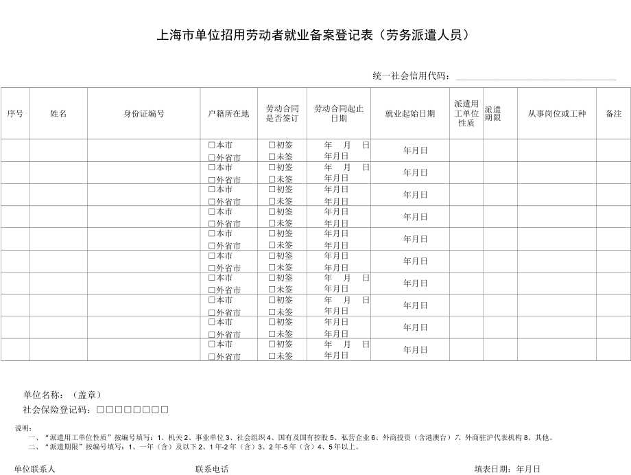 上海市单位招用劳动者就业备案登记表劳务派遣人员.docx_第1页