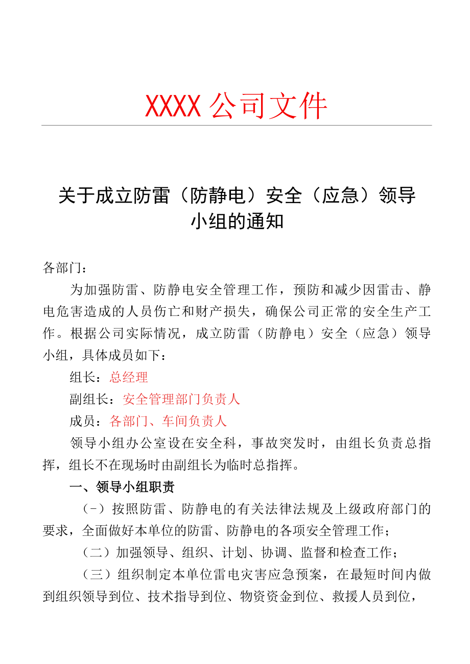 关于成立防雷安全领导小组及应急小组的通知.docx_第1页