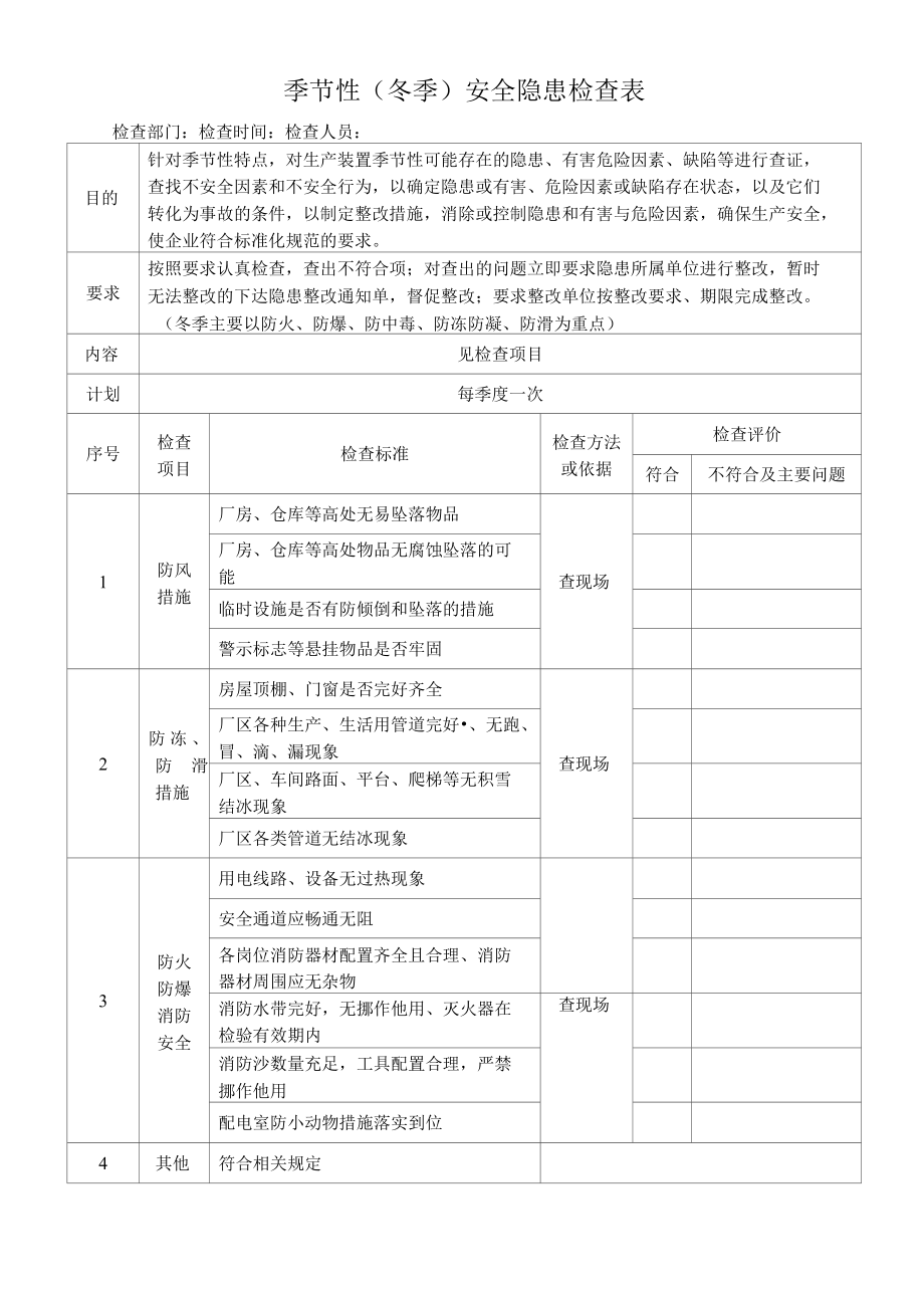 季节性冬季安全隐患检查表.docx_第1页