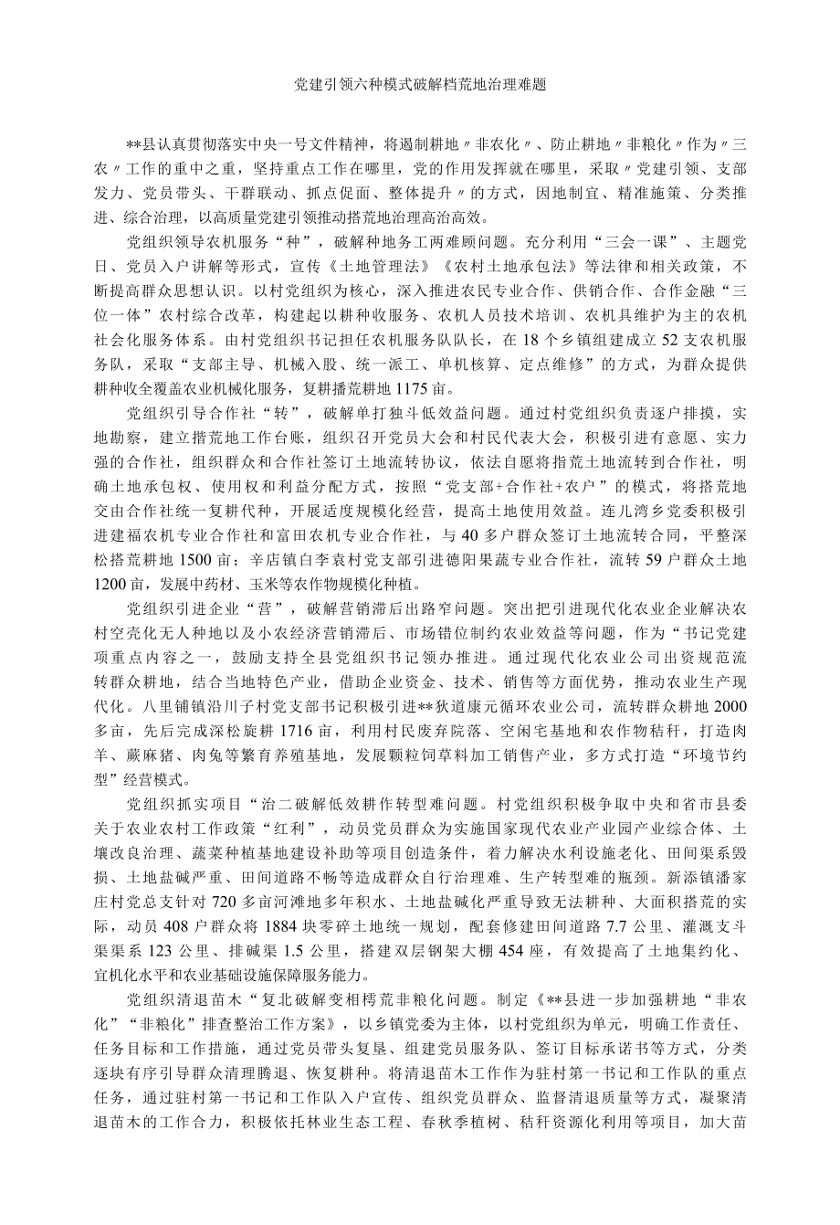 经验总结：党建引领六种模式破解撂荒地治理难题.docx_第1页