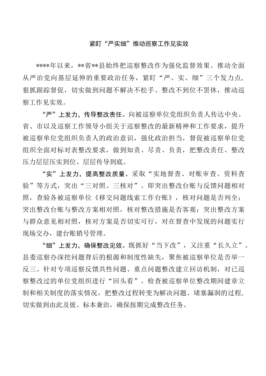 经验交流材料紧盯严实细推动巡察工作见实效.docx_第1页