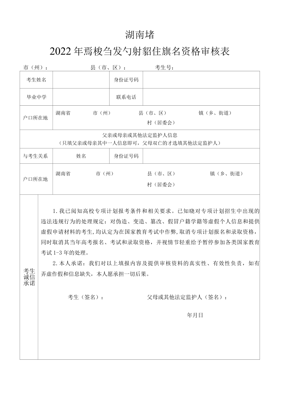 湖南省2022年高校专项计划招生报名资格审核表.docx_第1页