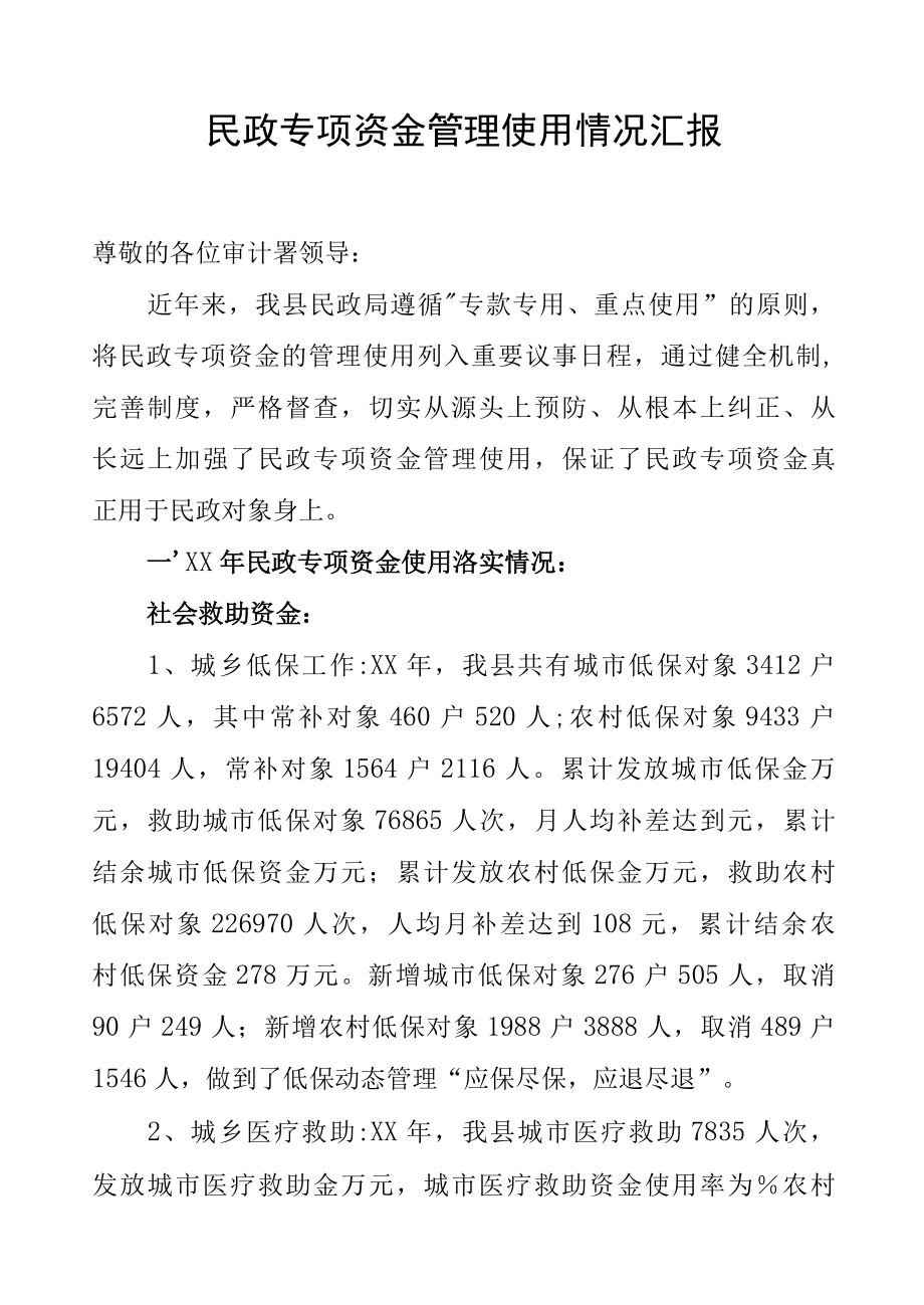 民政专项资金管理使用情况汇报.docx_第1页