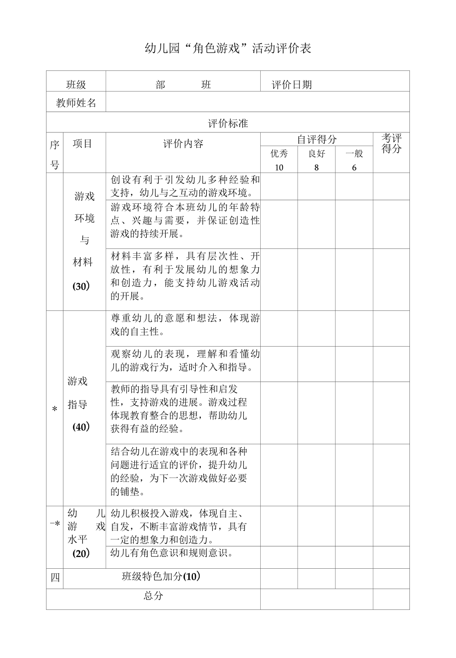 幼儿园角色游戏活动评价表.docx_第1页