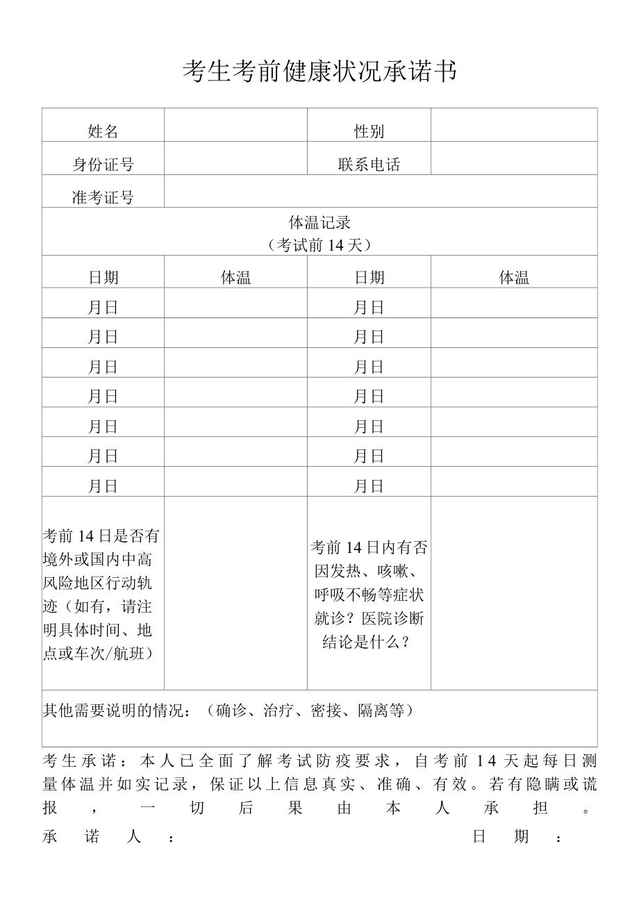 考生考前健康状况承诺书贵州省2022年普通高等学校招生体育专业统考疫情防控须知.docx_第1页