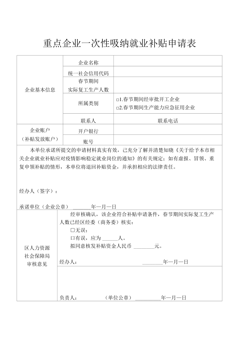 重点企业一次性吸纳就业补贴申请表上海市.docx_第1页