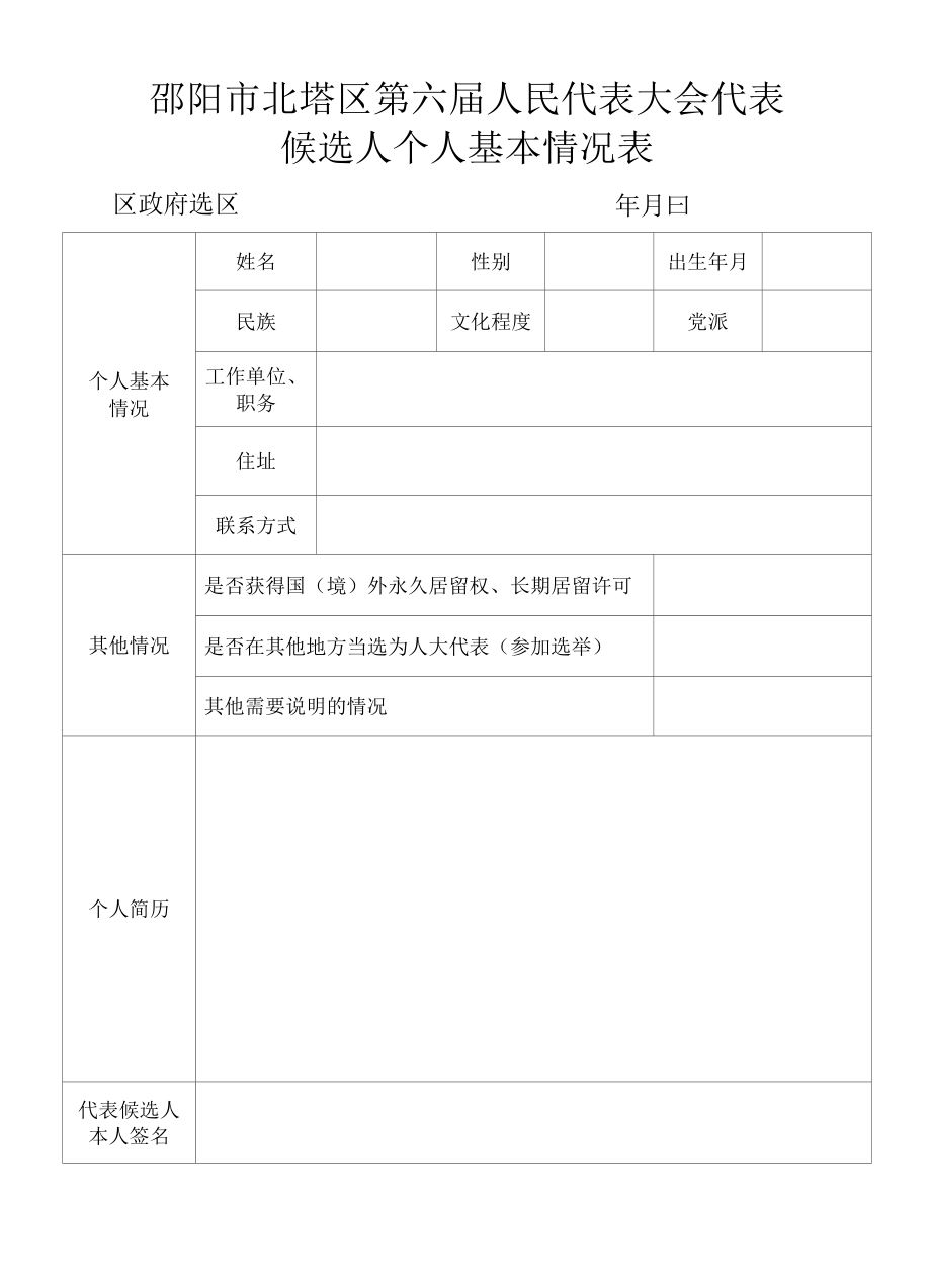 邵阳市北塔区第六届人民代表大会代表候选人个人基本情况表1.docx_第1页