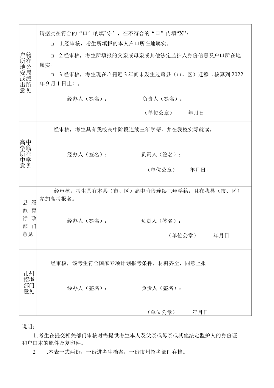 湖南省2022年国家专项计划招生报名资格审核表.docx_第2页