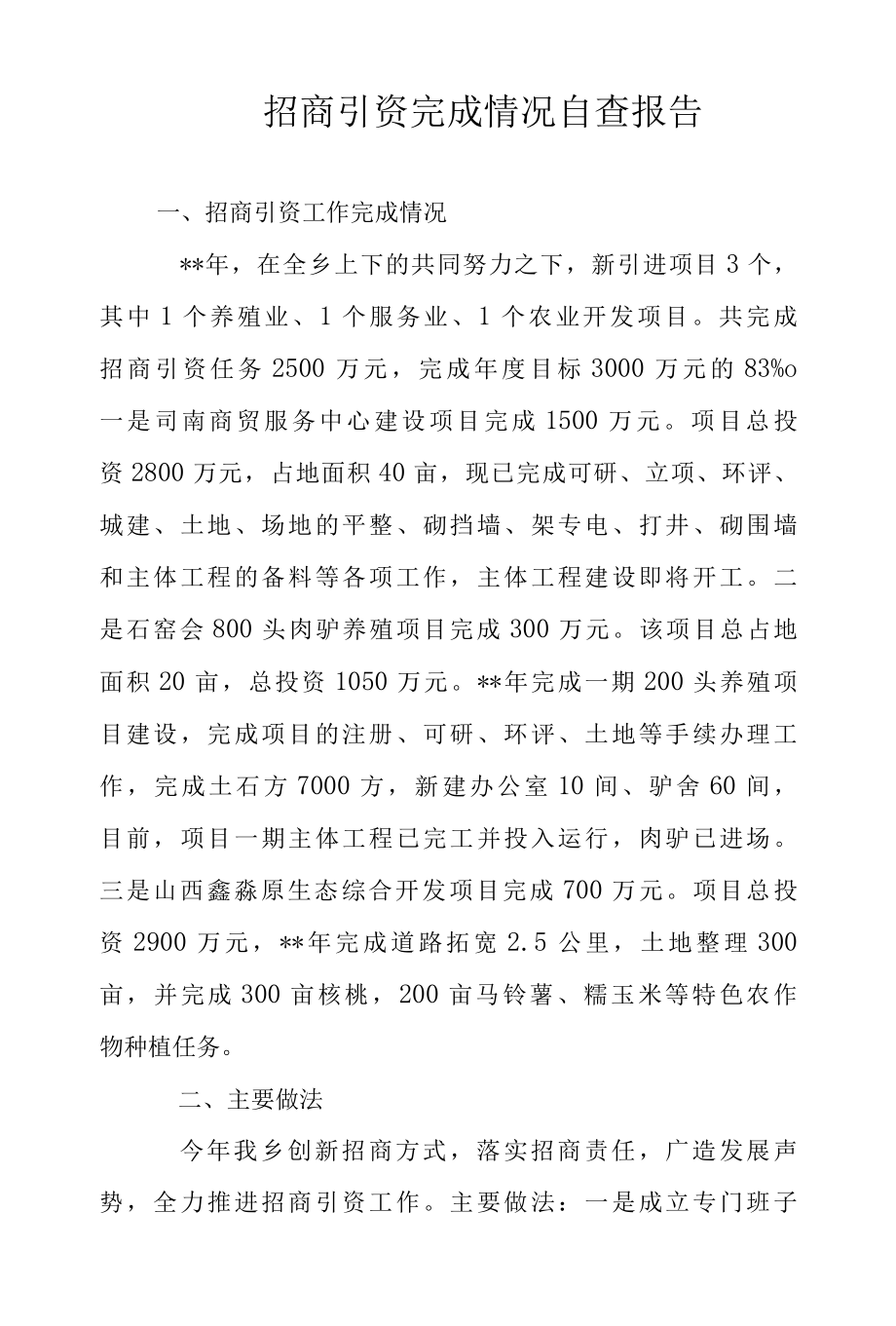 2022年招商引资完成情况自查报告1范文.docx_第1页