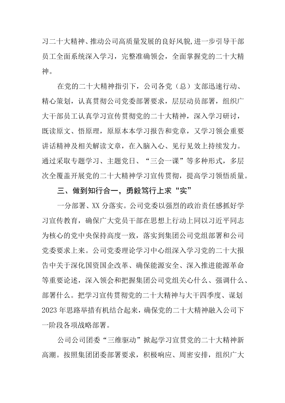 3篇公司学习宣传贯彻二十大精神情况总结汇报.docx_第3页